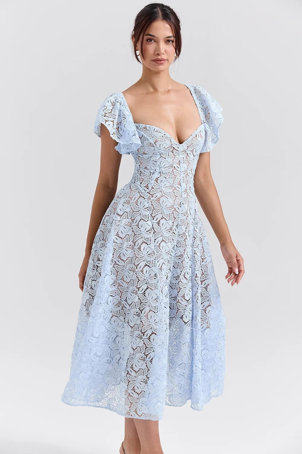 Blue Lace Flare Sleeve Midi Dress