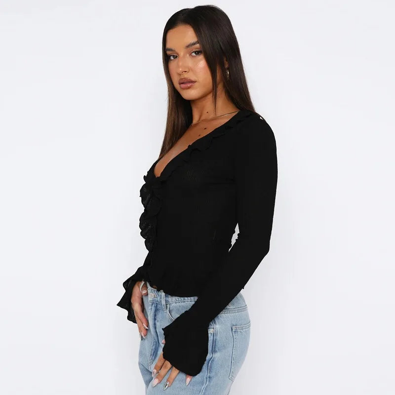 V-Neck Ruffled Long Sleeve Top