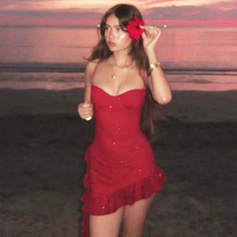Red Sequin Ruffle Cami Mini Dress