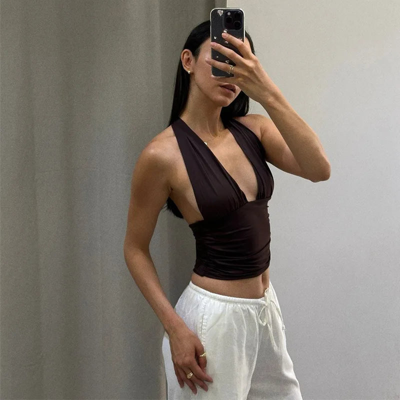 Deep Neck Halter Crop Top â€?Backless & Bold Fit