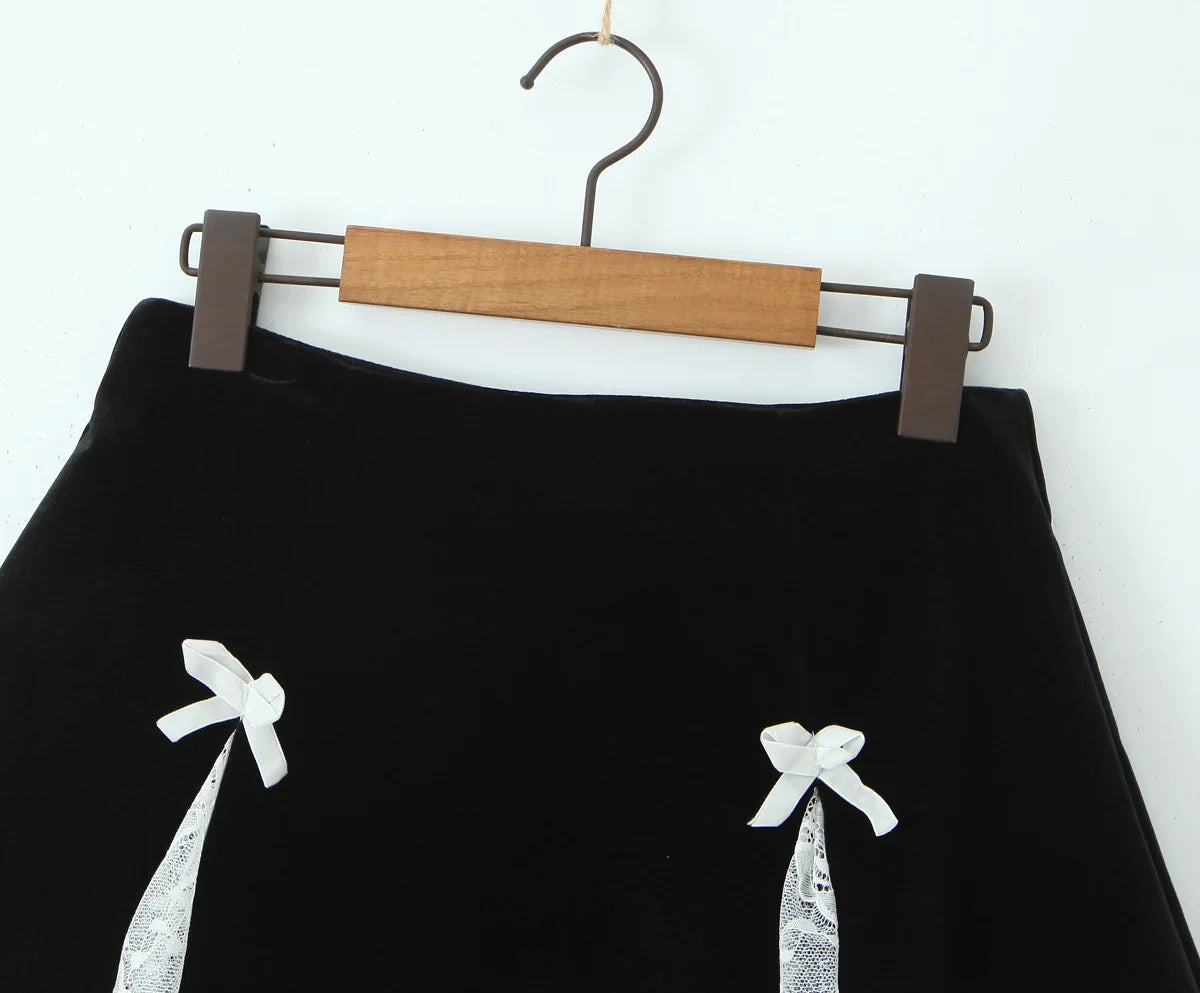 Black Velvet Lace Up Corset Top And Mini Skirt Set