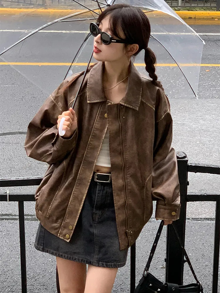 Faux Leather Zipper Over-shirt Jacket