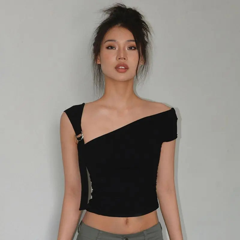 Asymmetric Strap Buckle Sleeve Crop Top
