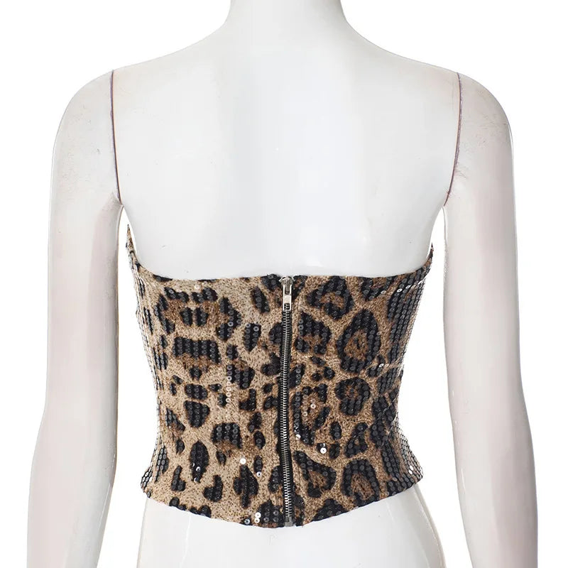 Strapless Print Leopard Sequin Crop Top
