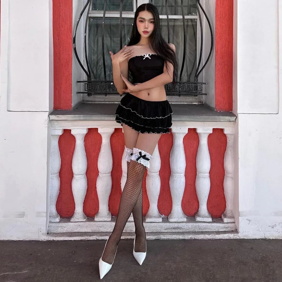 Black Bow Crop Top Ruffled Mini Skirt Set