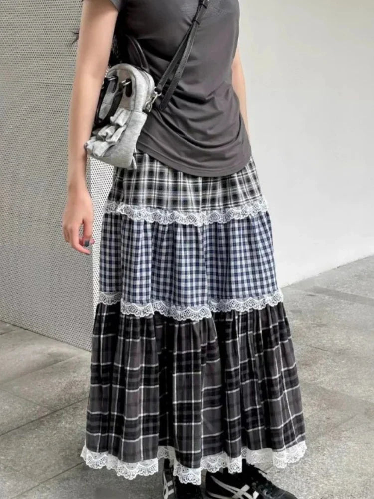Patchwork Lace Plaid High Waist Skirt - Casual A-Line