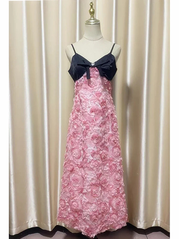Pink 3d Floral Straight Midi Dress