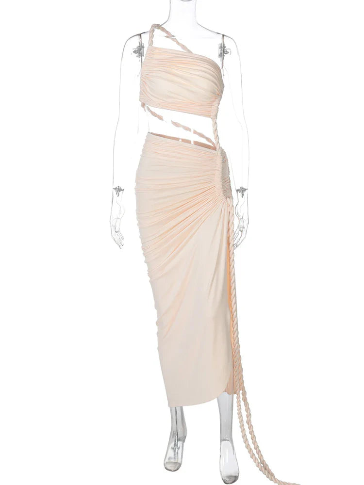 Cut Out Rope Design One Shoulder Slit Midi Dress