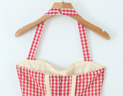 Red Plaid Print Heart Shaped Pocket Halter Mini Dress