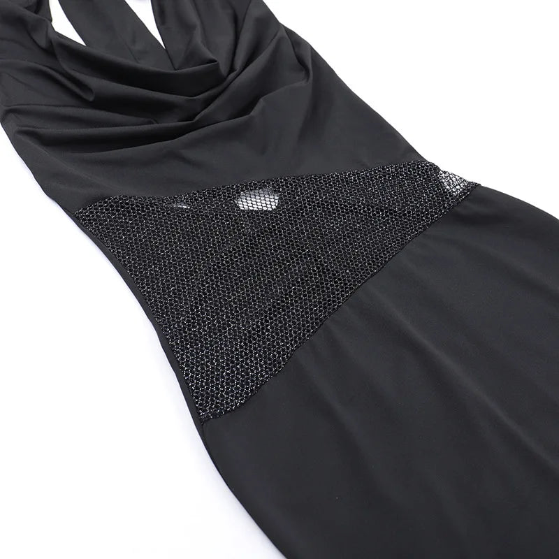 Black Halter Neck Patchwork Sequin Mesh Mini Dress
