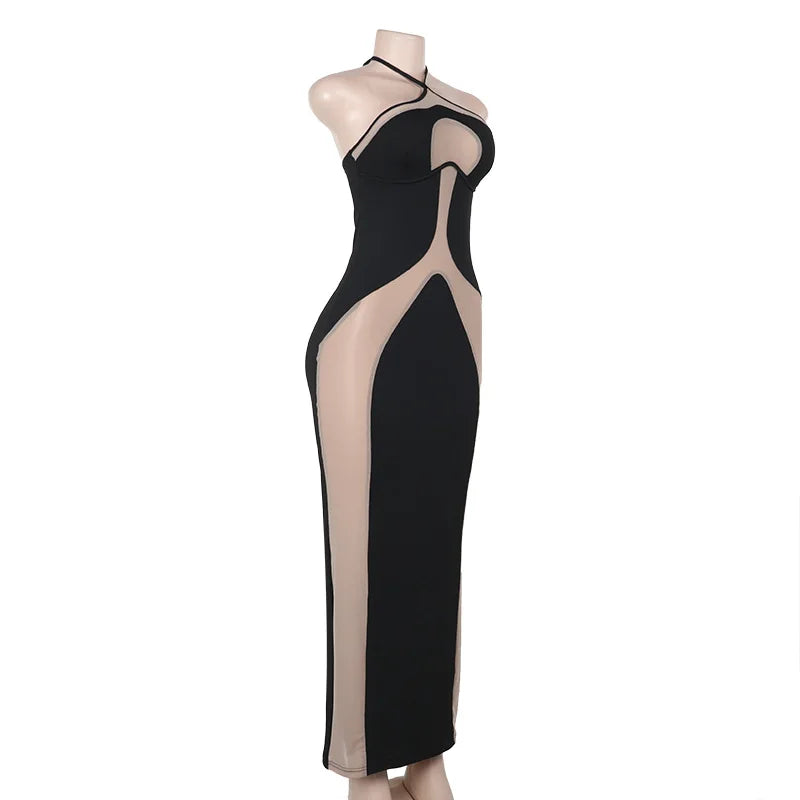 Black Mesh Patchwork Halter Bodycon Midi Dress