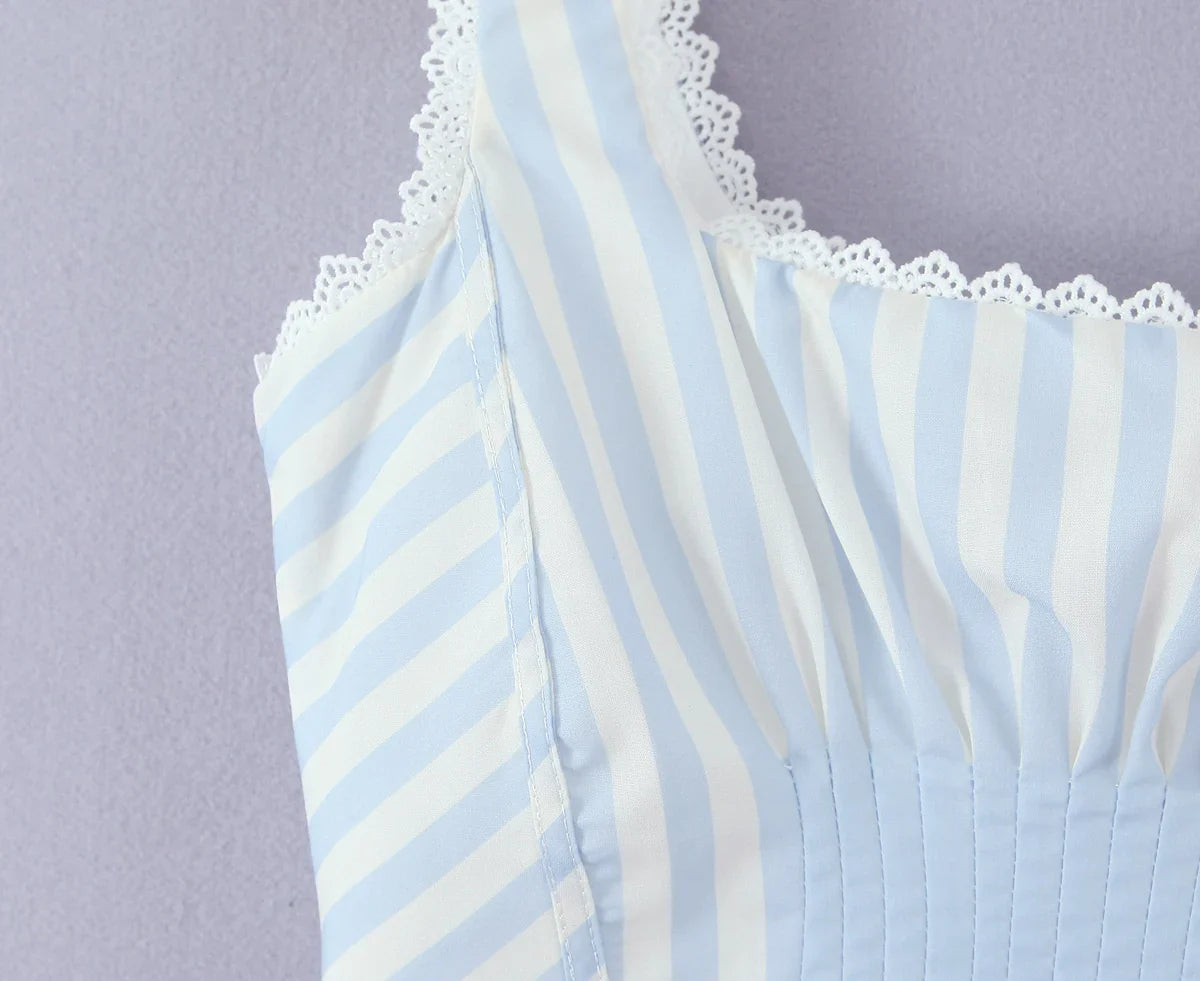 Blue Stripe Lace Trim Corset Top
