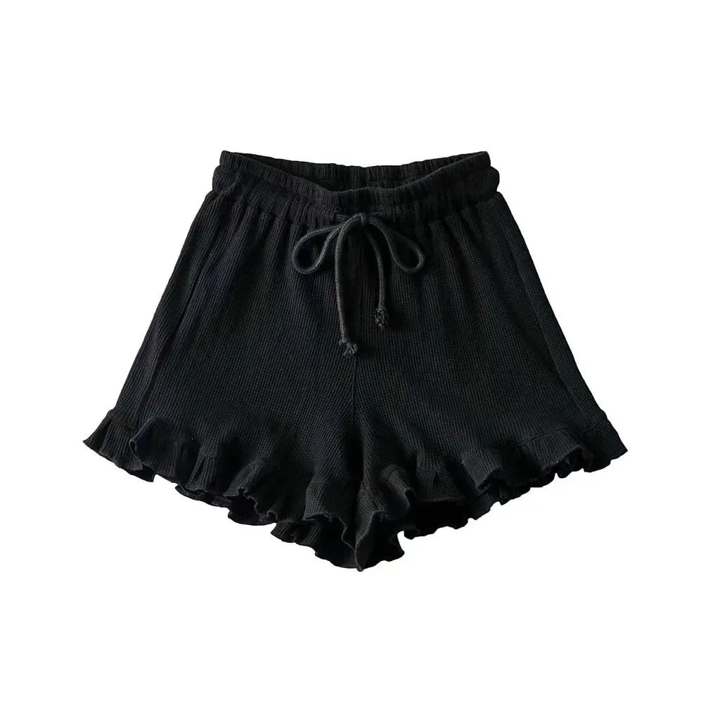 Ribbed Ruffle Trim Drawstring Waffle Shorts