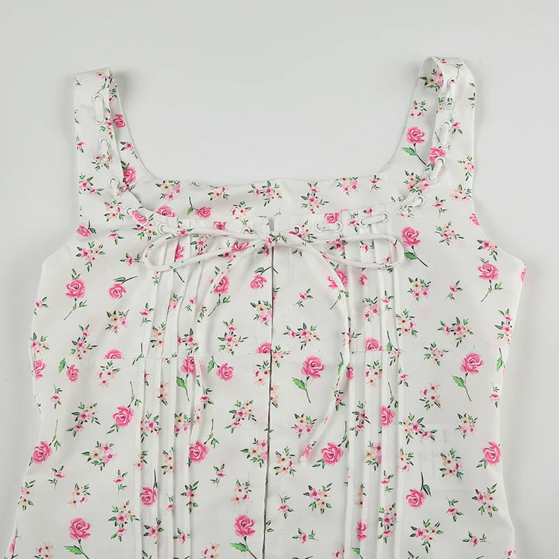 White Flower Print Hook Tank Top