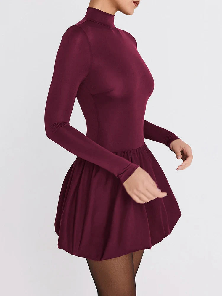 Burgundy Turtleneck Long Sleeve Puff Skirt Mini Dress