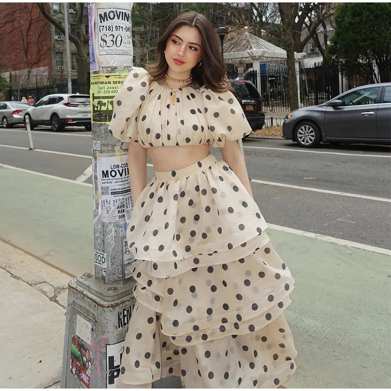 Polka Dot Bubble Sleeve Top And Ruffles Maxi Skirt Set
