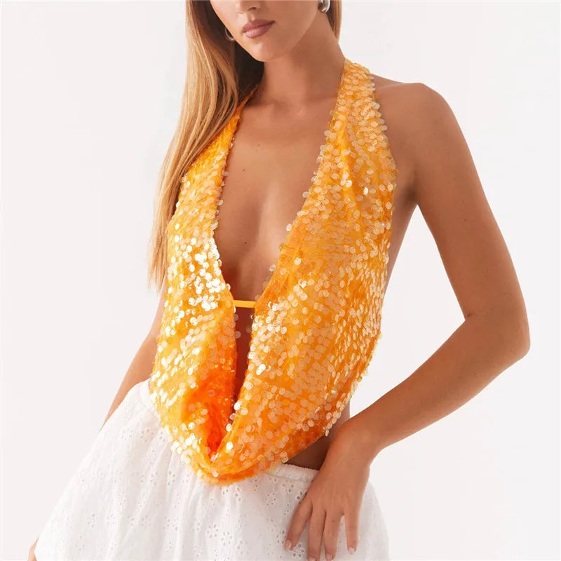 Deep Neck Sequin Halter Top â€?Backless Shine