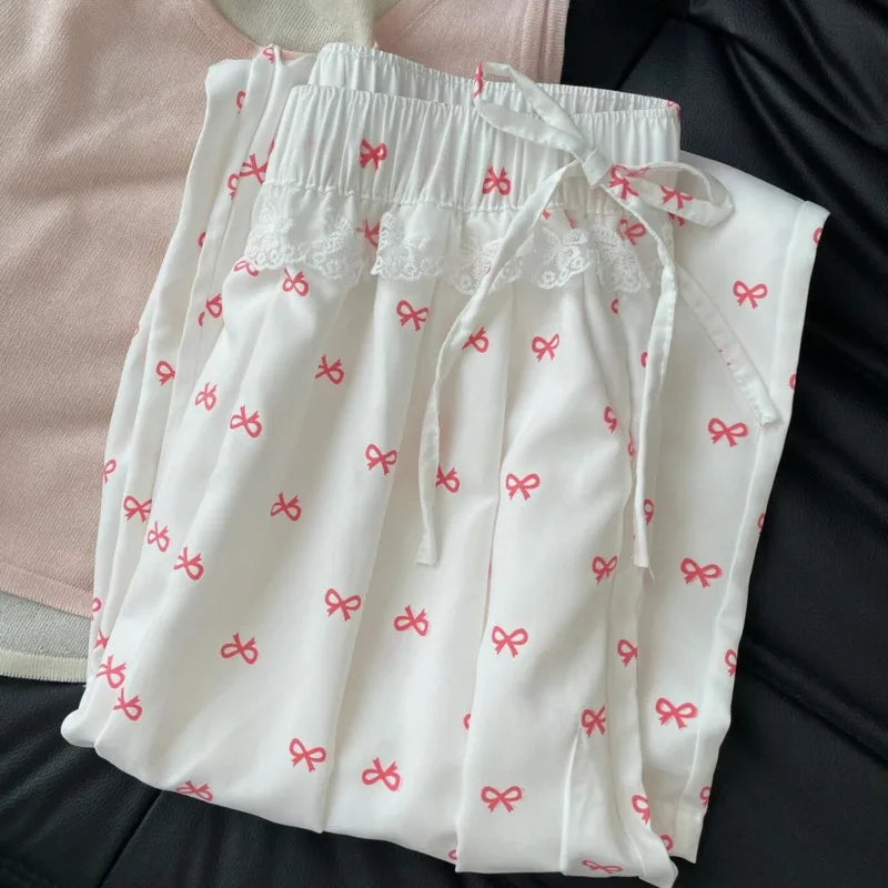 Bow Printed Wide Leg Pants