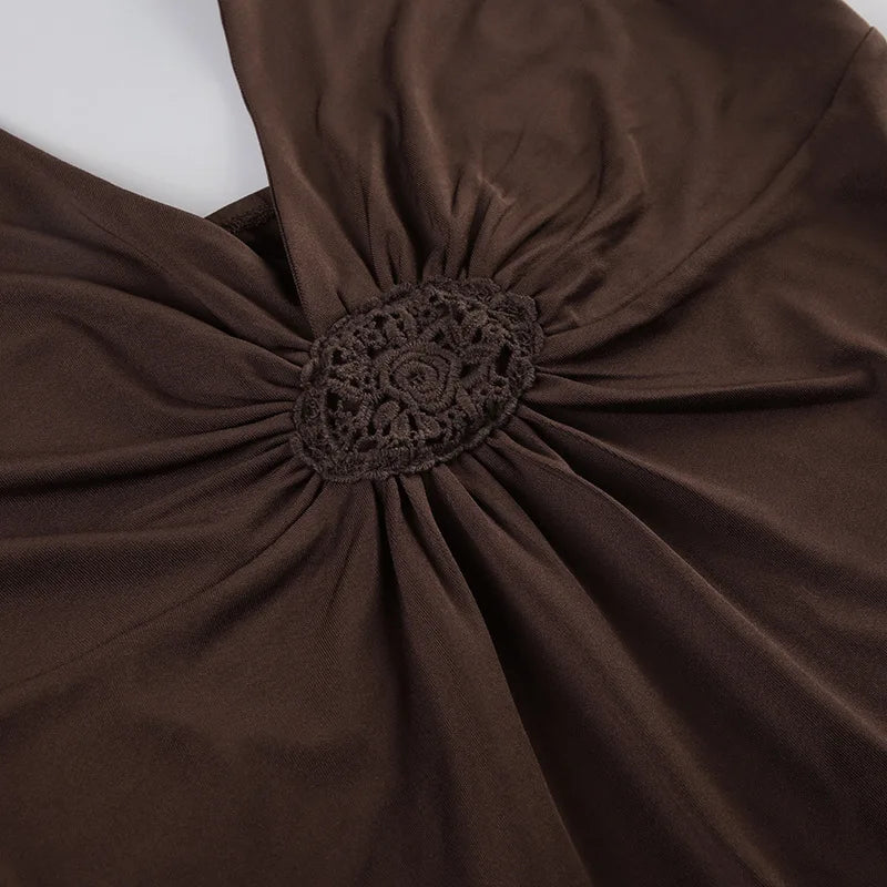 Brown Embroidered V Neck Halter Top