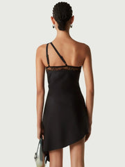 Black One Shoulder Lace Asymmetric Mini Dress