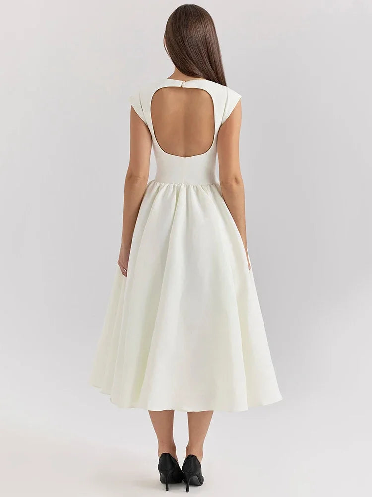 Solid Short Sleeve Flare High Neck Midi Dress