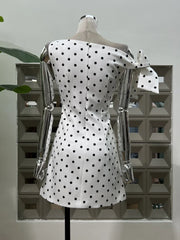 White Polka Dot Tie Up One Shoulder Mini Dress