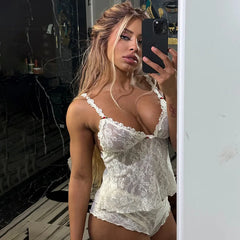 White Lace Crop Top & Shorts Set â€?Sheer Summer Style