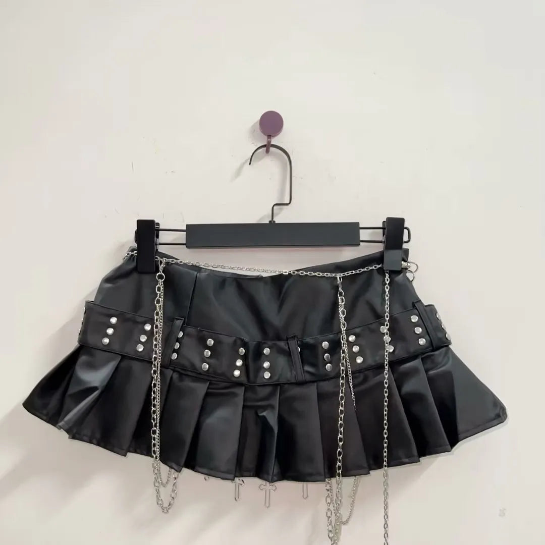 Black Micro Pleated Cross Chain Skirt
