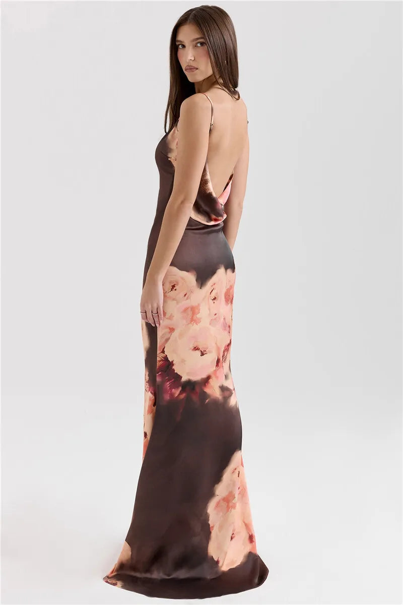 Brown Satin Floral Print Maxi Dress