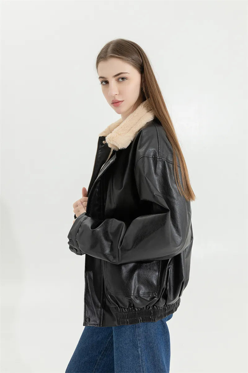 Faux Leather Lining Bomber Jacket