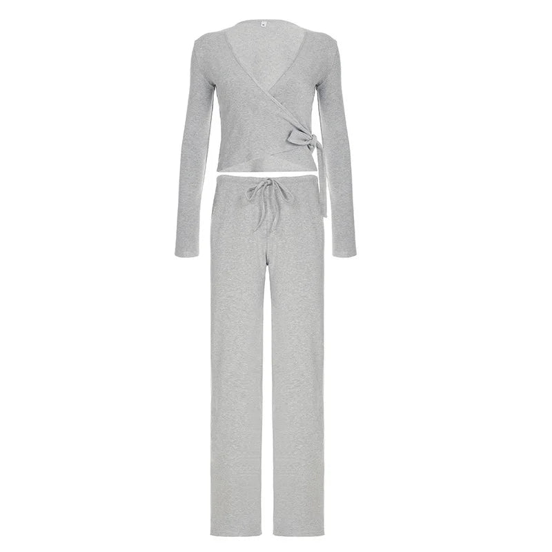 Solid Wrap Around Top And Drawstring Pants Set