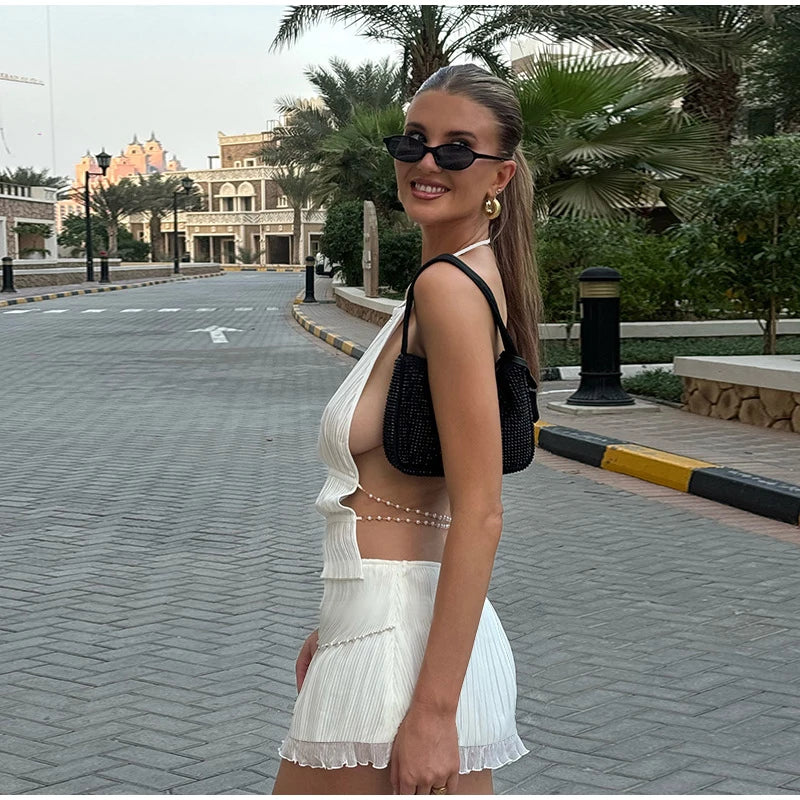 Open Back Beading Halter Crop Top And Mini Skirt Set