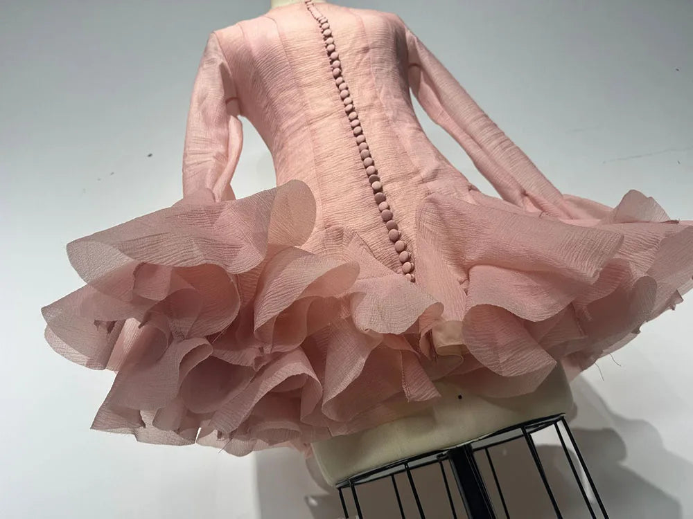 Frill Buttoned Long Sleeve Midi Dress