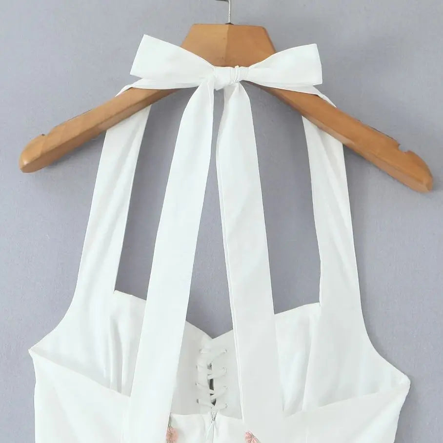 White Embroidery Flower Lapel Bow Halter Midi Dress