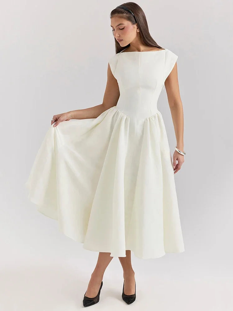 Solid Short Sleeve Flare High Neck Midi Dress