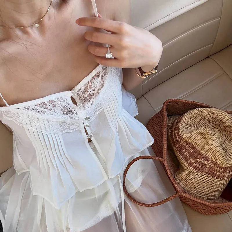 Lace Trim Front Button Up Crop Top
