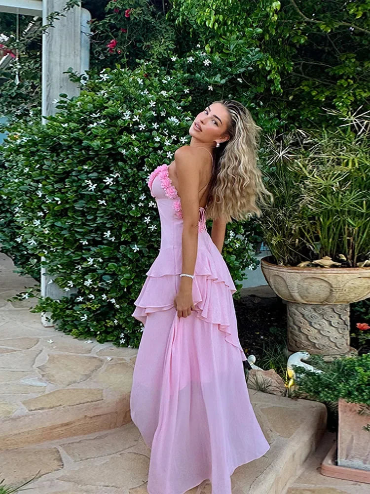Pink Frill Layered Strap Maxi Dress
