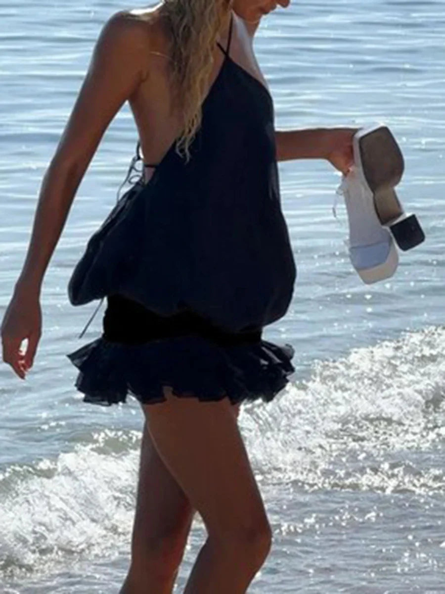 Black Halter Open Back Mini Dress
