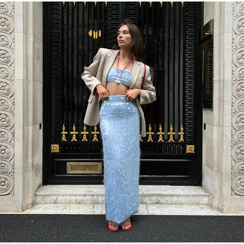Blue Sequin Tube Top And Maxi Skirt