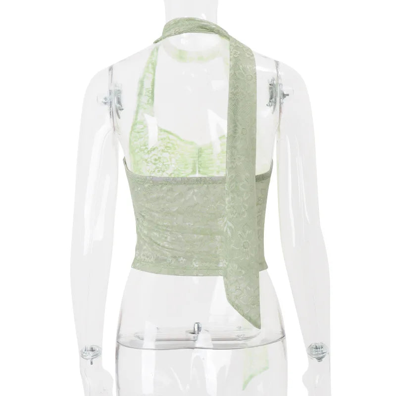 Green Lace Crop Scarf Top