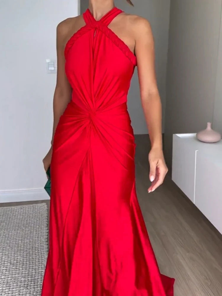 Braided Strap Satin Twisted Maxi Dress