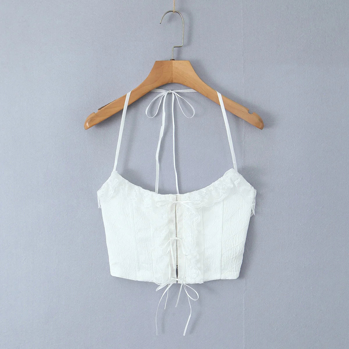 White Frill Hook Halter Tie Crop Top