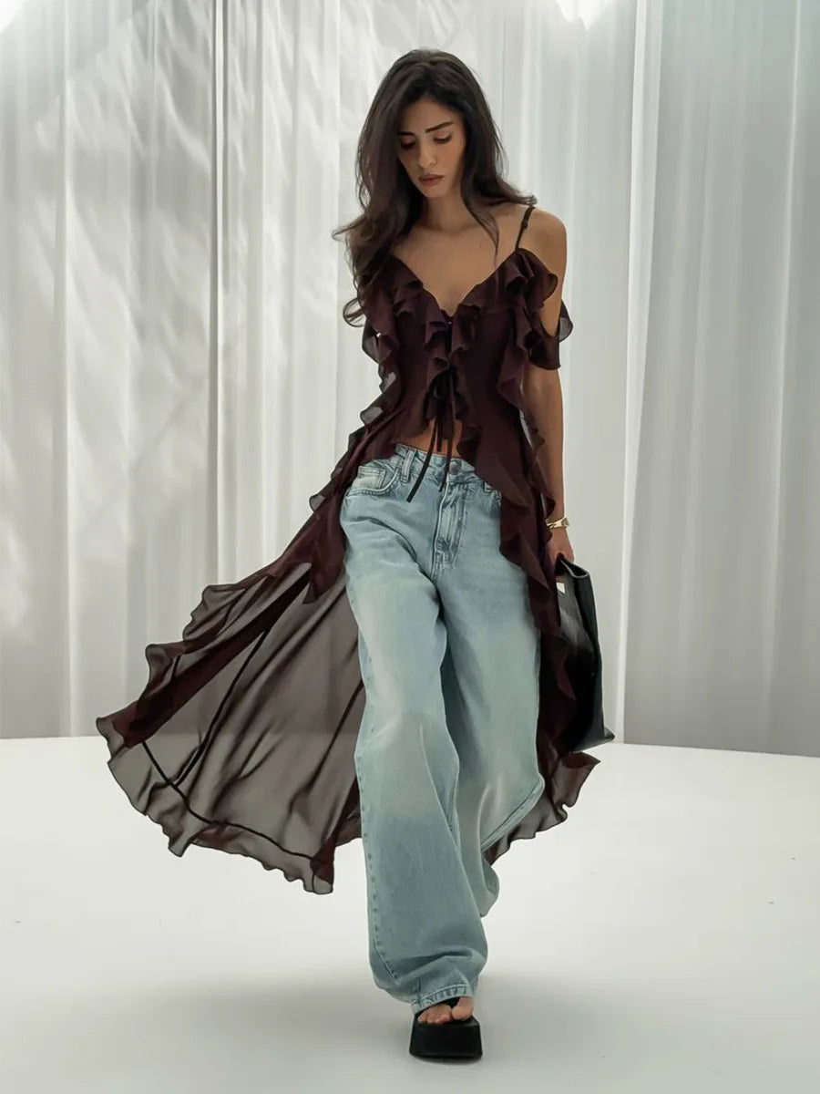 Ruffled Fringe Strap V-Neck Long Top