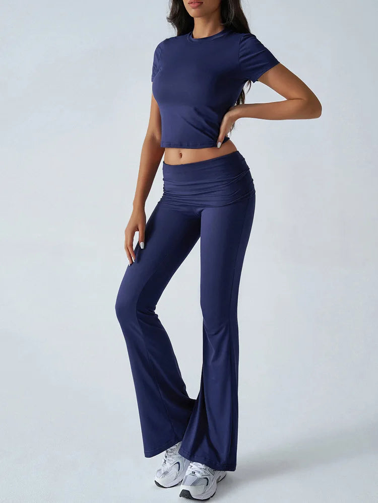 Slim Fit Two Piece Short Sleeve Top & Pant Set - Athleisure Workout Style