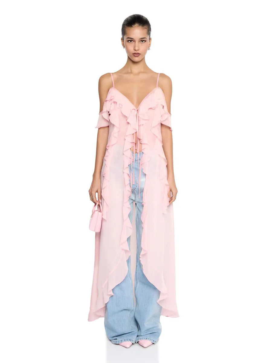 Ruffled Fringe Strap V-Neck Long Top