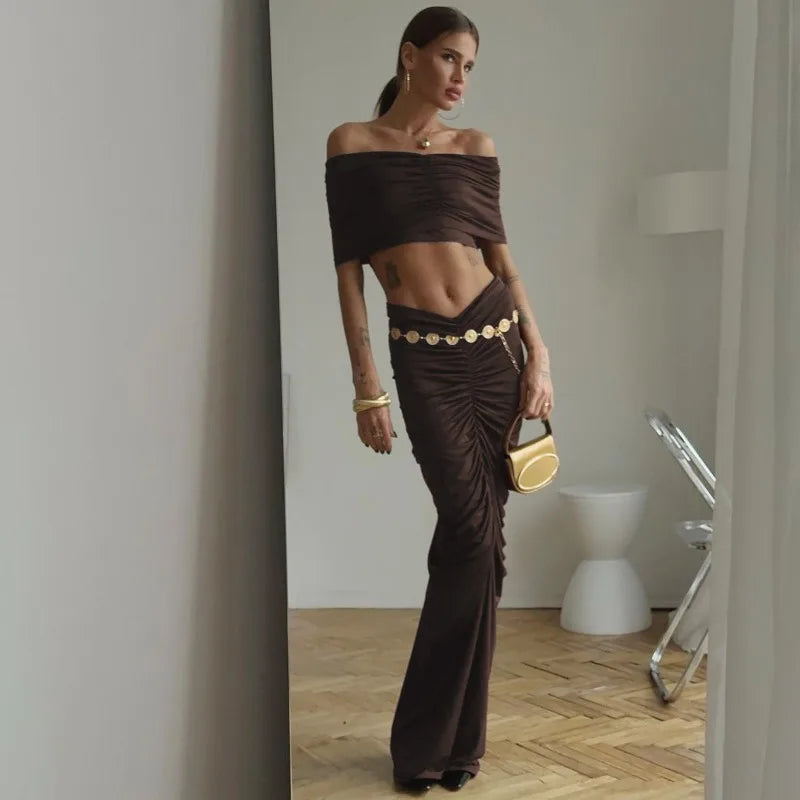 Off-shoulder Crop Top And Ruched Maxi Skirt Set