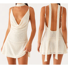 Sheer Cowl Ruffled Hem Cami Dress with Scarf - Mini A-Line