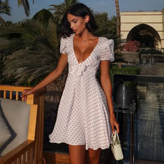 Short Sleeve Tie Up Polka Dot A-Line Mini Dress