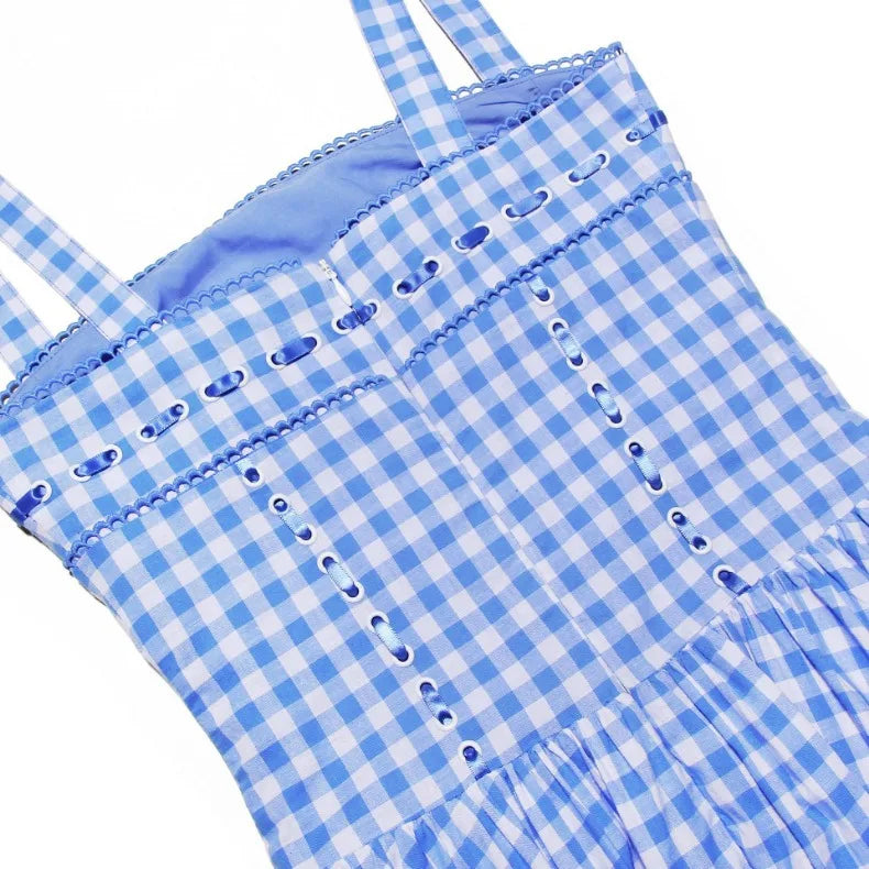 Blue Plaid Ribbon Lace Up Strap Midi Dress