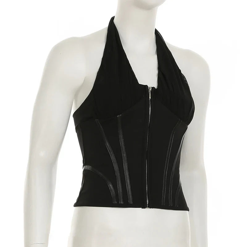 Black Mesh Halter Corset Top - Structured Streetwear Style